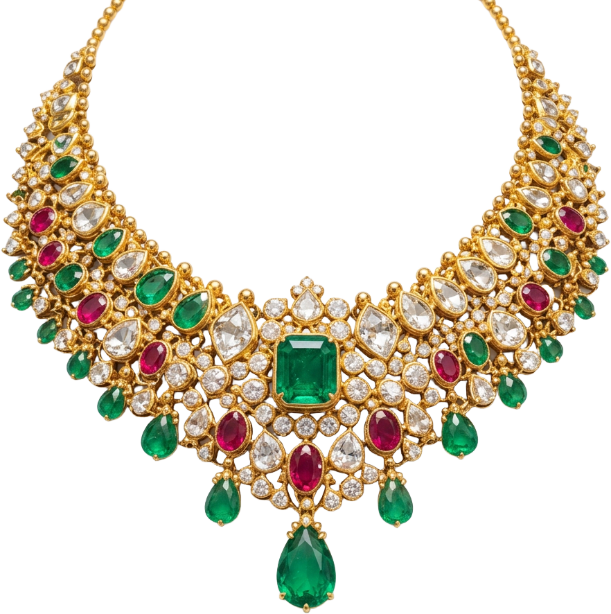Royal gold necklace set with emeralds, rubies and diamonds